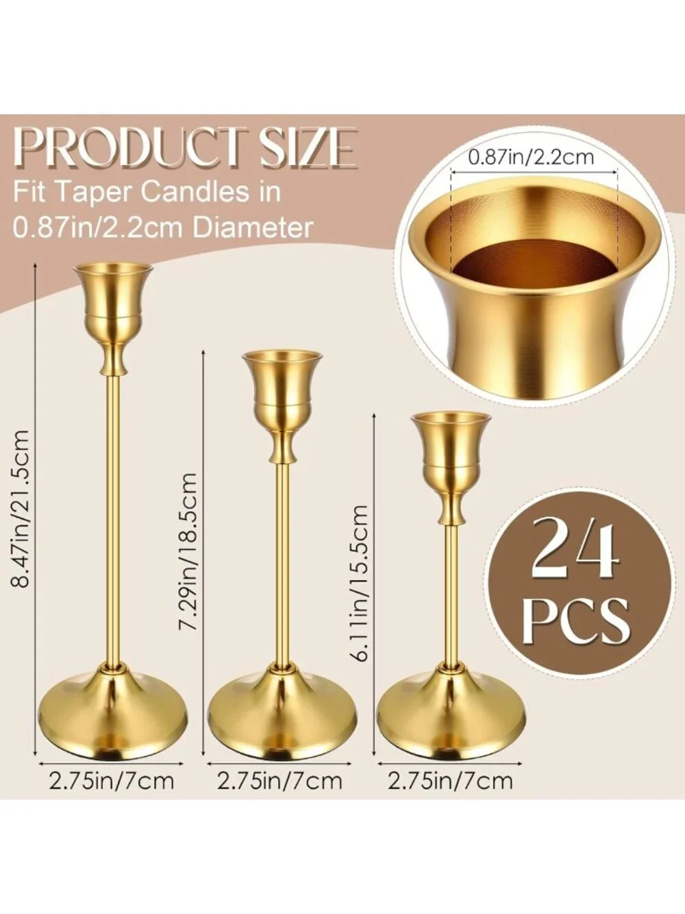 24PCS Vintage Brass Gold Taper Candle Holders Set - Elegant Metal Decor